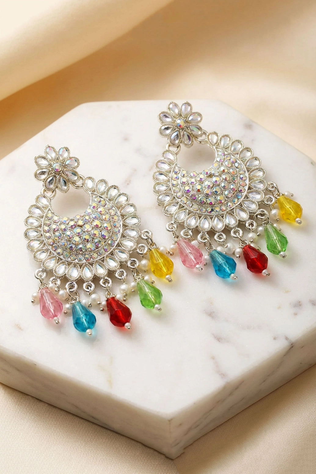 Multicolor Stone Floral Stud Dangler Hoop Earrings, Silver-Tone Fashion Jewellery for Women