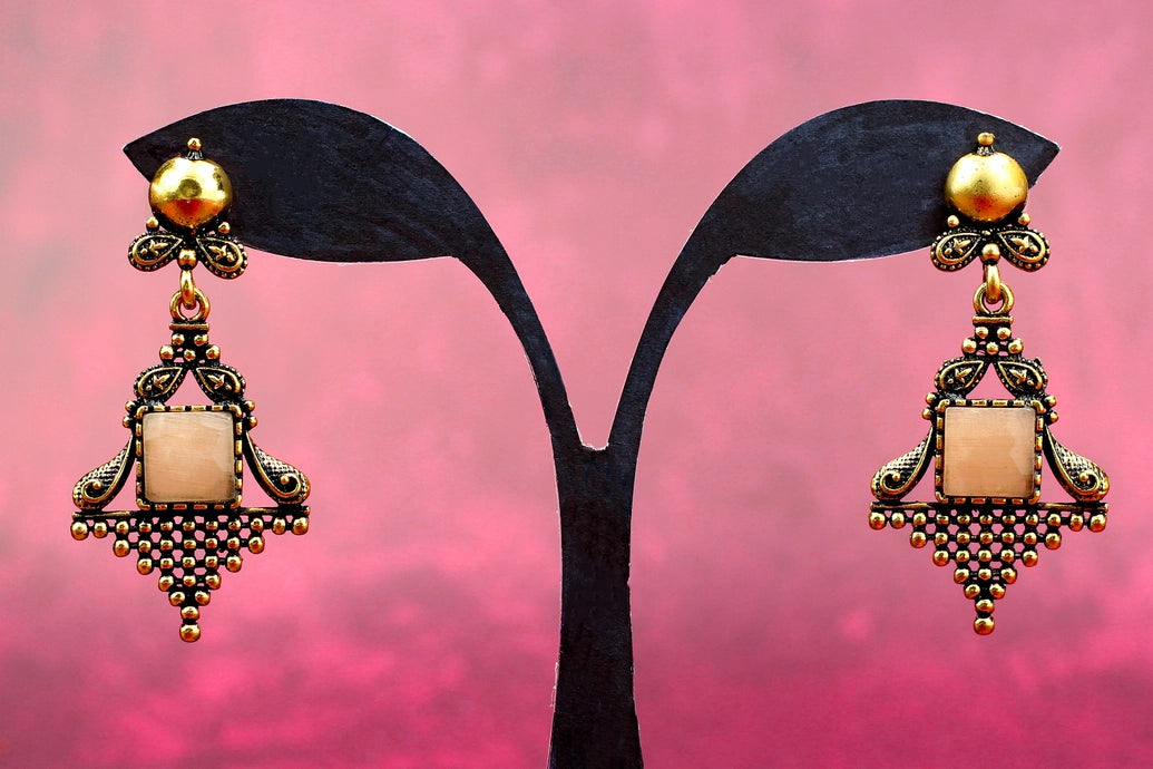Antique Gold-Tone Dangling Ethnic Earrings with Cream Square Stone, Ornate Vintage Frame — 2.4 inch Drop Jewelry JCS Fashions