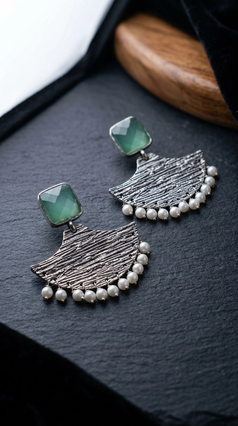 Mint Green Stone Silver-Tone Textured Triangle Drop Earrings with Pearl Bead Fringe
