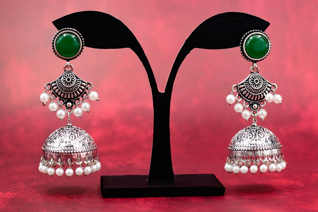 Oxidised Silver-Tone Green Stone Pearl Jhumka Earrings - Long Ethnic Stud Jhumki, 2.8 inch Jewelry JCS Fashions