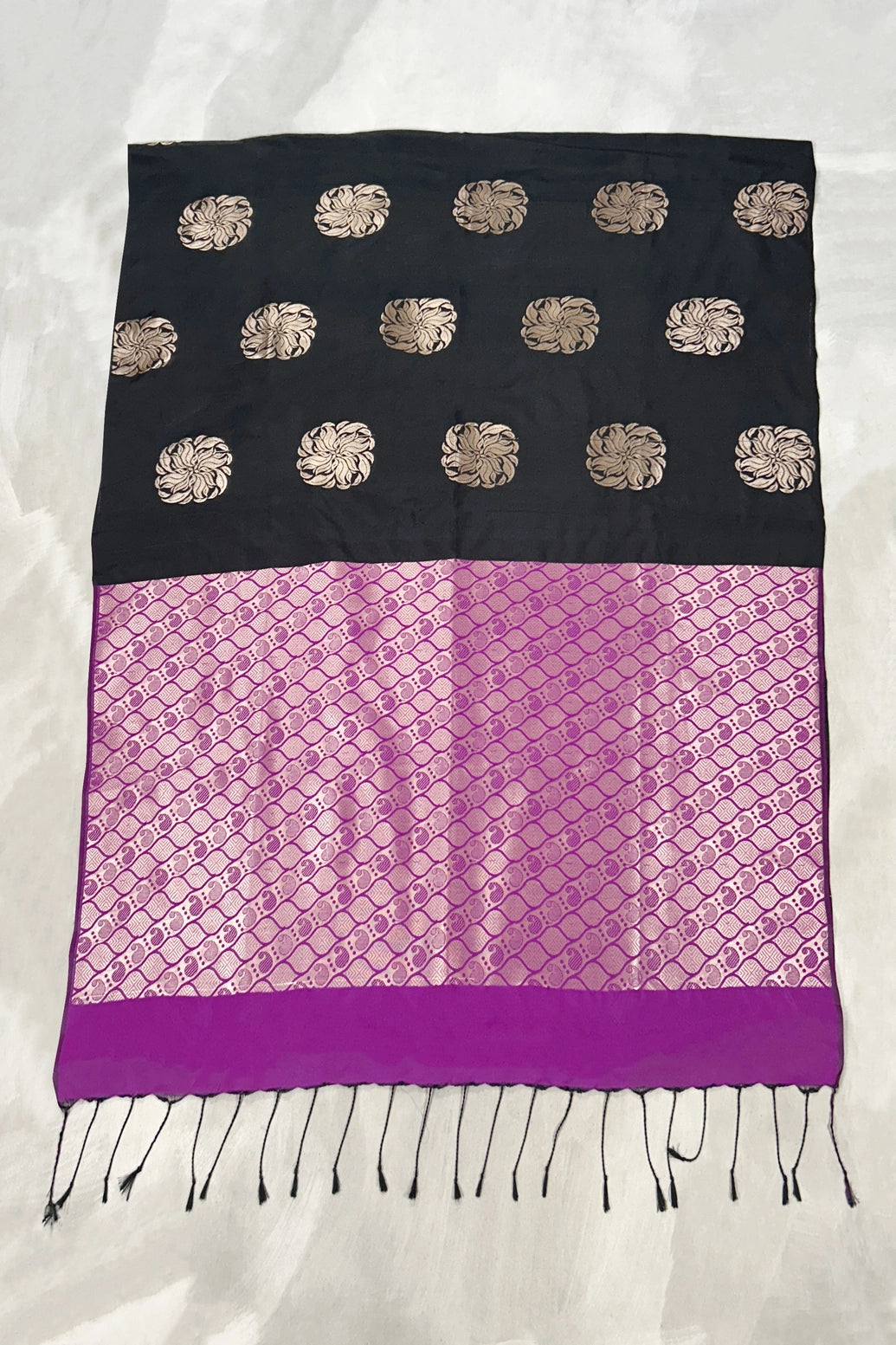 Black Soft Silk Saree with Contrast Purple Border and Gold Zari Floral Buttas