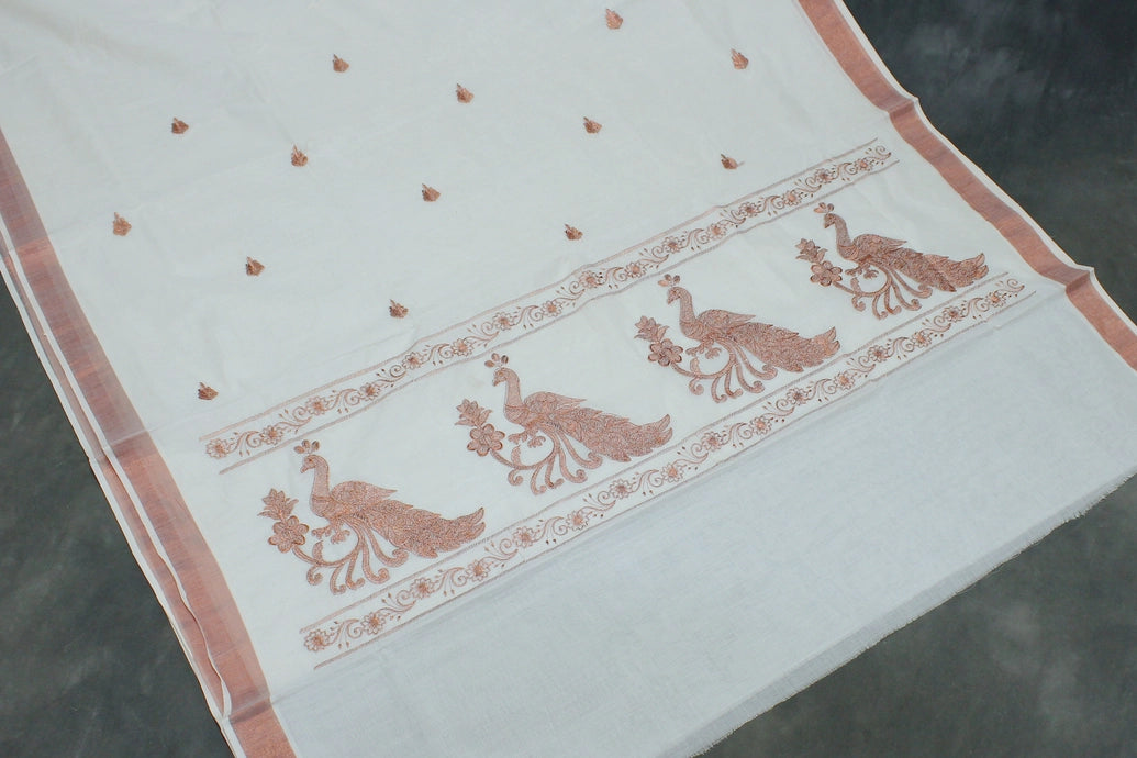 White Kerala Cotton Saree with Copper Zari Peacock Embroidery