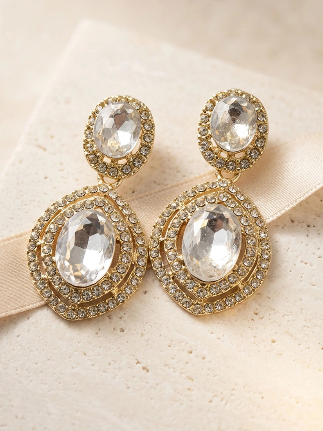 White Oval Stone Drop Earrings with Halo Rhinestone Studs and Dangling Teardrop