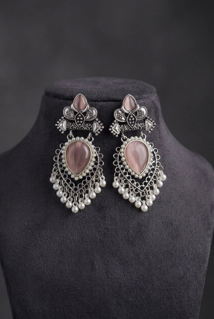 Oxidized Silver-Tone Teardrop Stone & Pearl Drop Earrings in Onion Pink