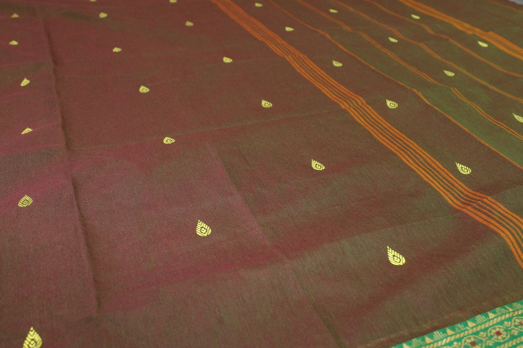 Brown & Green Printed Poly Cotton Butta Saree with Green Thread Border, Traditional Small Butta Motifs Saree JCS Fashions