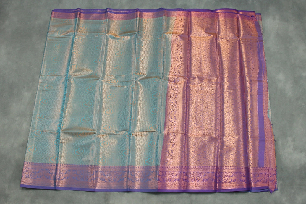 Teal Bridal Kubera Pattu Style Cotton Saree with Full Zari Work and Contrast Purple Woven Border Saree JCS Fashions