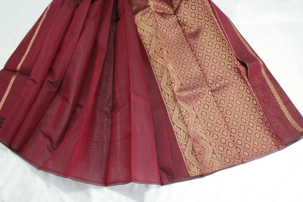 Maroon Silk Cotton Saree with Zari Border and Matching Blouse for Traditional Festive Wear