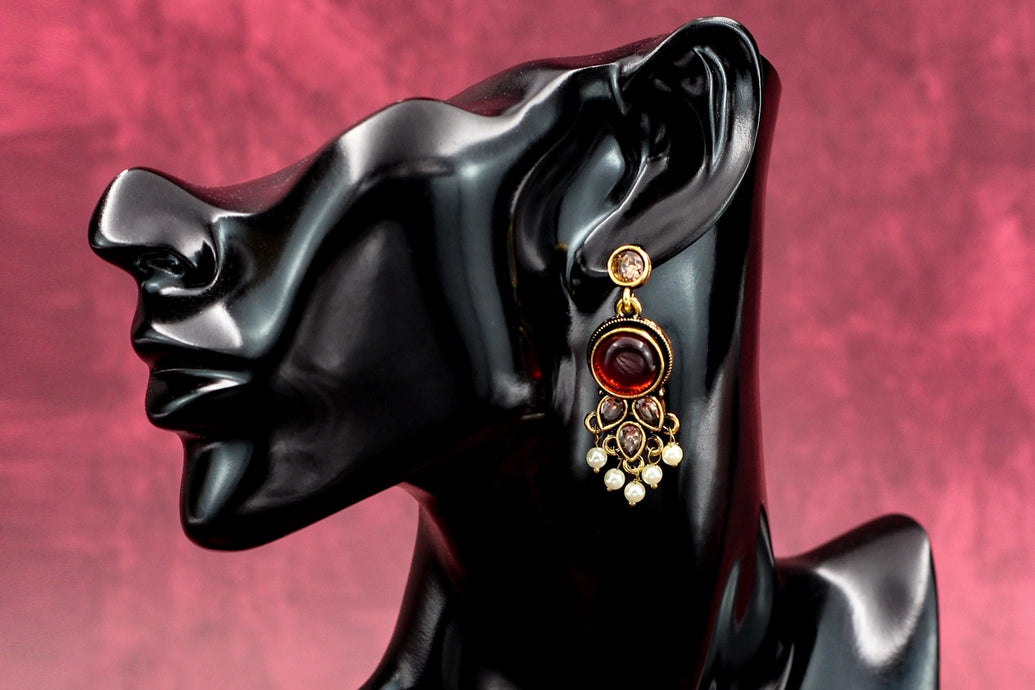 Maroon Gold-Tone Pearl Drop Chandbali Style Earrings - Traditional Indian Fashion Jewellery Jewelry JCS Fashions