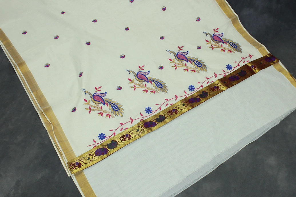 Pure Kerala Cotton White Saree with Embroidered Peacock Pallu and Gold Zari Border