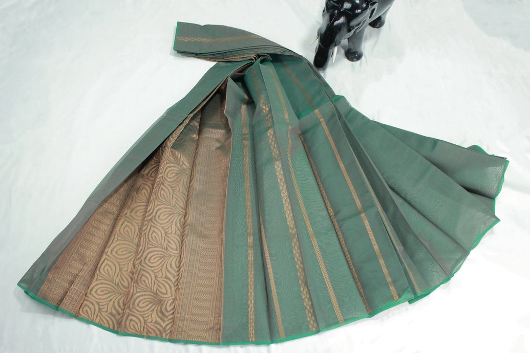 Seaweed Green Silk Cotton Saree with Zari Border and Blouse Piece, Border Less Design