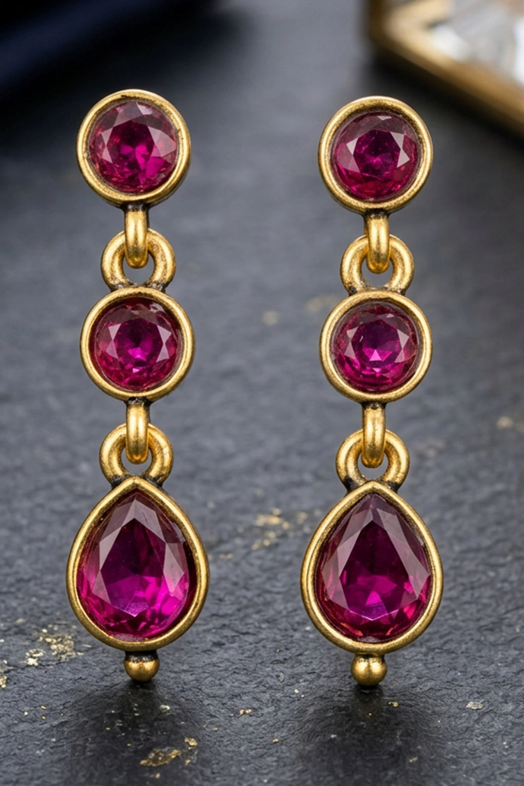 Purple Stone Teardrop Dangle Gold-Tone Fashion Earrings, Oval Stones Triple Drop Party Wear