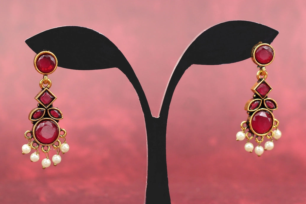 Maroon Gold-Tone Kundan-Style Pearl Drop Earrings Jewelry JCS Fashions