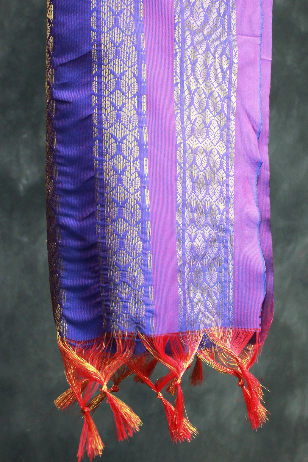 Violet Ponnadai Poly Silk Jacquard Temple Shawl with Zari Pattern and Tassels for Pooja, Weddings, Functions