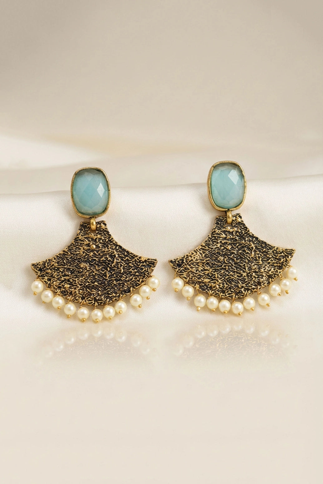 Mint Green Stone Gold-Tone Textured Dangler Earrings with Pearl Drops for Festive Party Wear