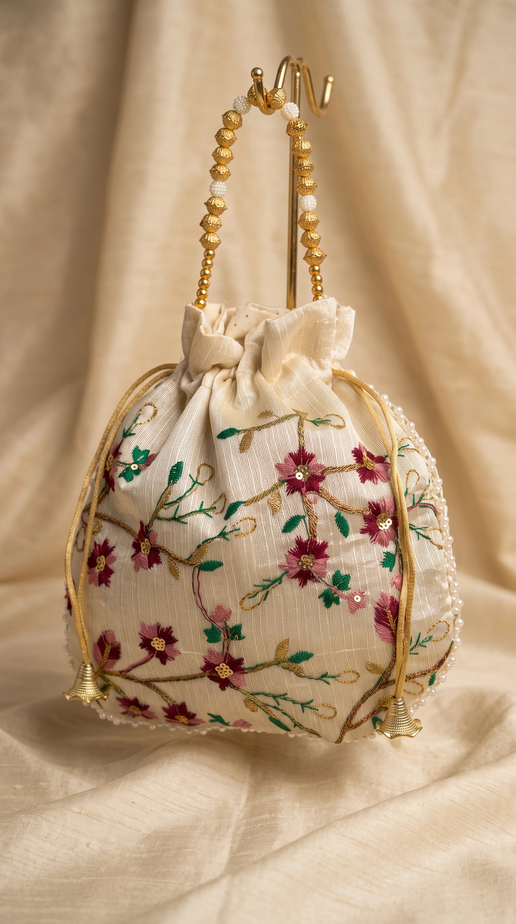 Floral Embroidered Cream Potli Pouch with Drawstring & Pearl Bead Trim for Wedding and Festive Gifting