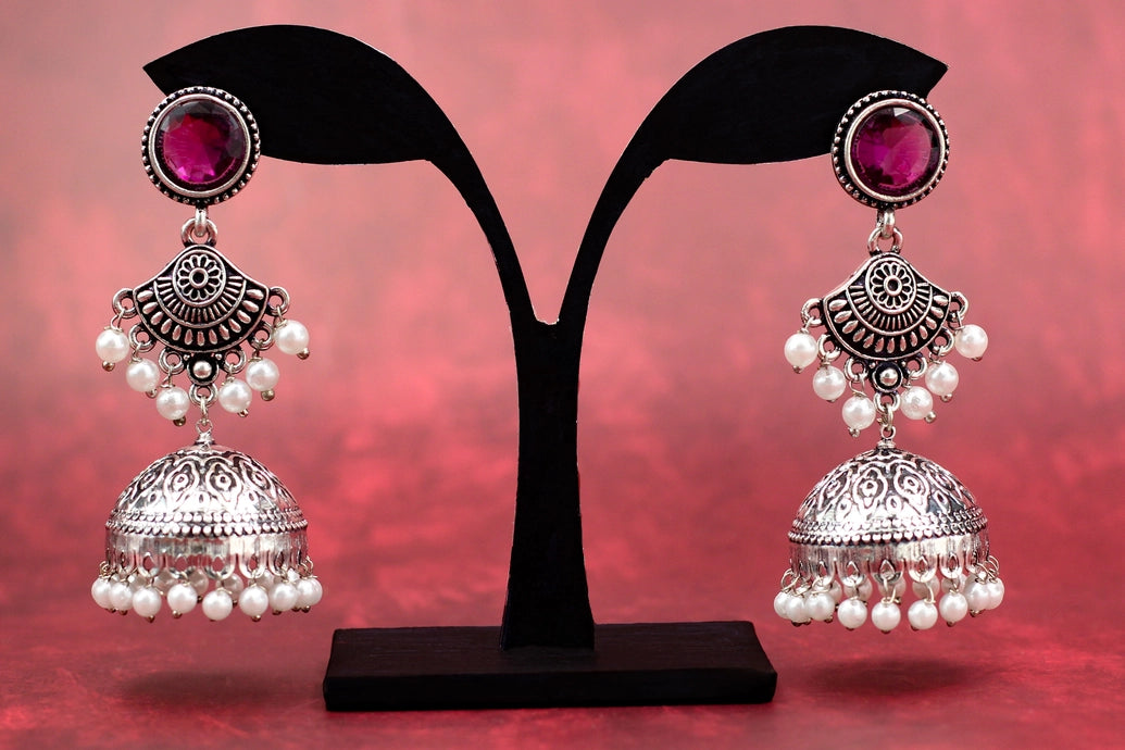 Oxidised Silver-Style Purple Stone Jhumka Earrings with Pearls - 2.8 inch Ethnic Stud Jewelry JCS Fashions