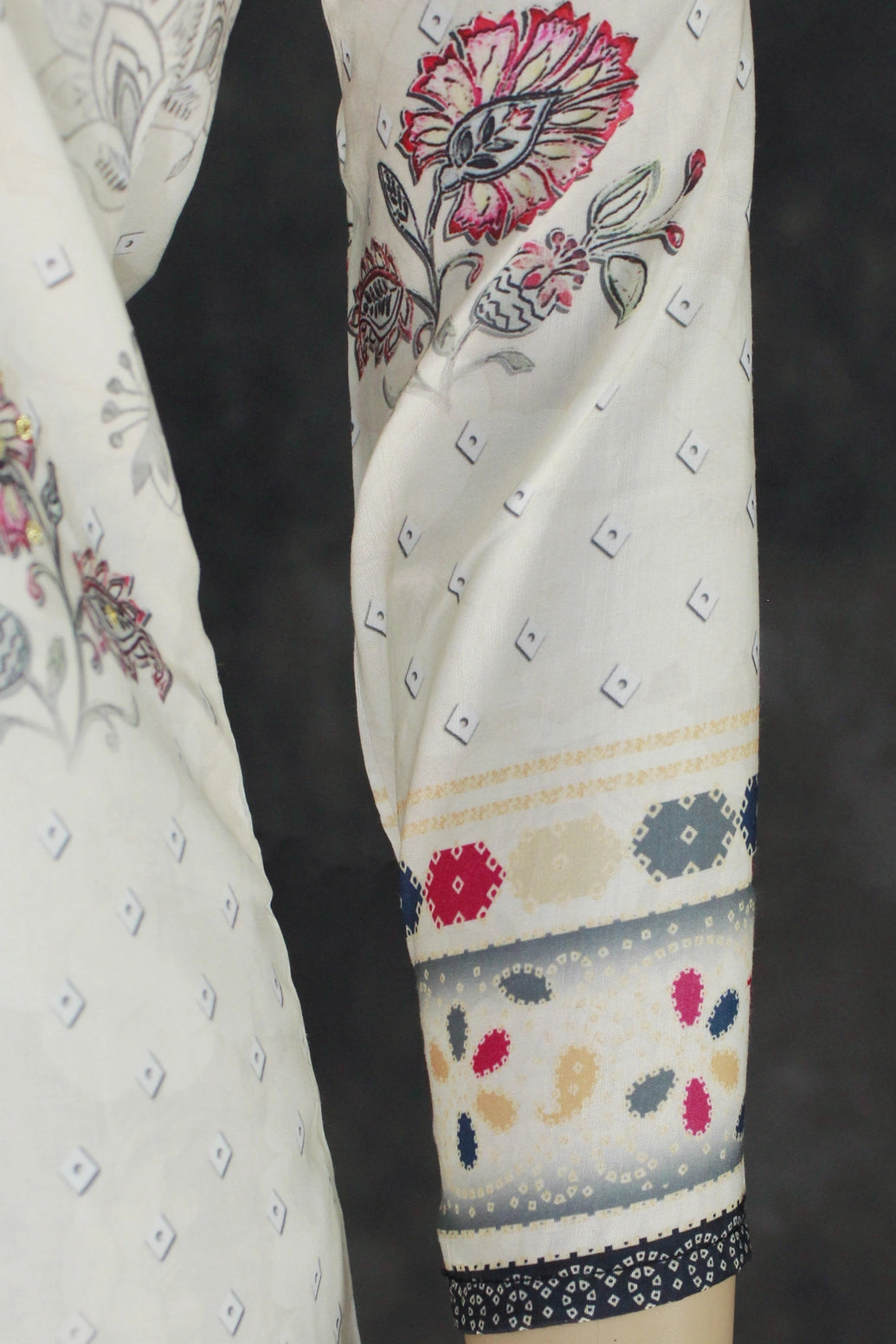 Light Cream Designer Crepe 3-Piece Salwar Suit with Mirror & Stone Work - Kurti, Pant & Cotton Dupatta