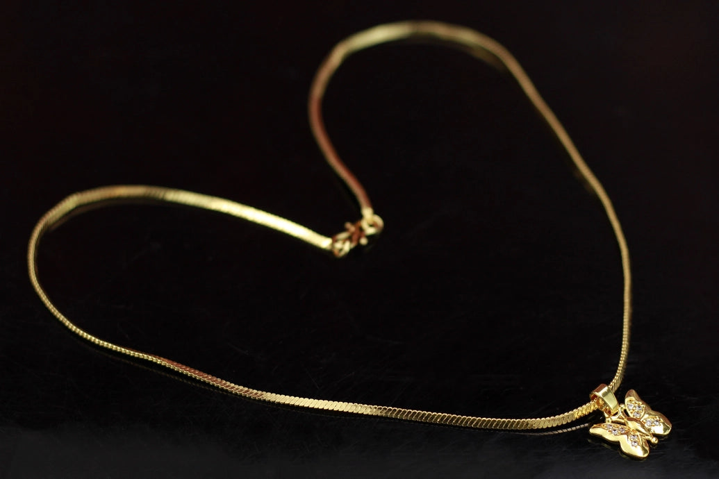 Gold-tone Textured Chain Necklace with Butterfly Pendant, Jeweled Finish for Traditional and Festive Wear