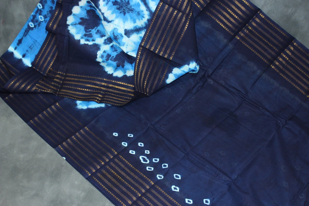 Sungudi Cotton Bandhani Saree in Blue with Golden Zari Striped Border