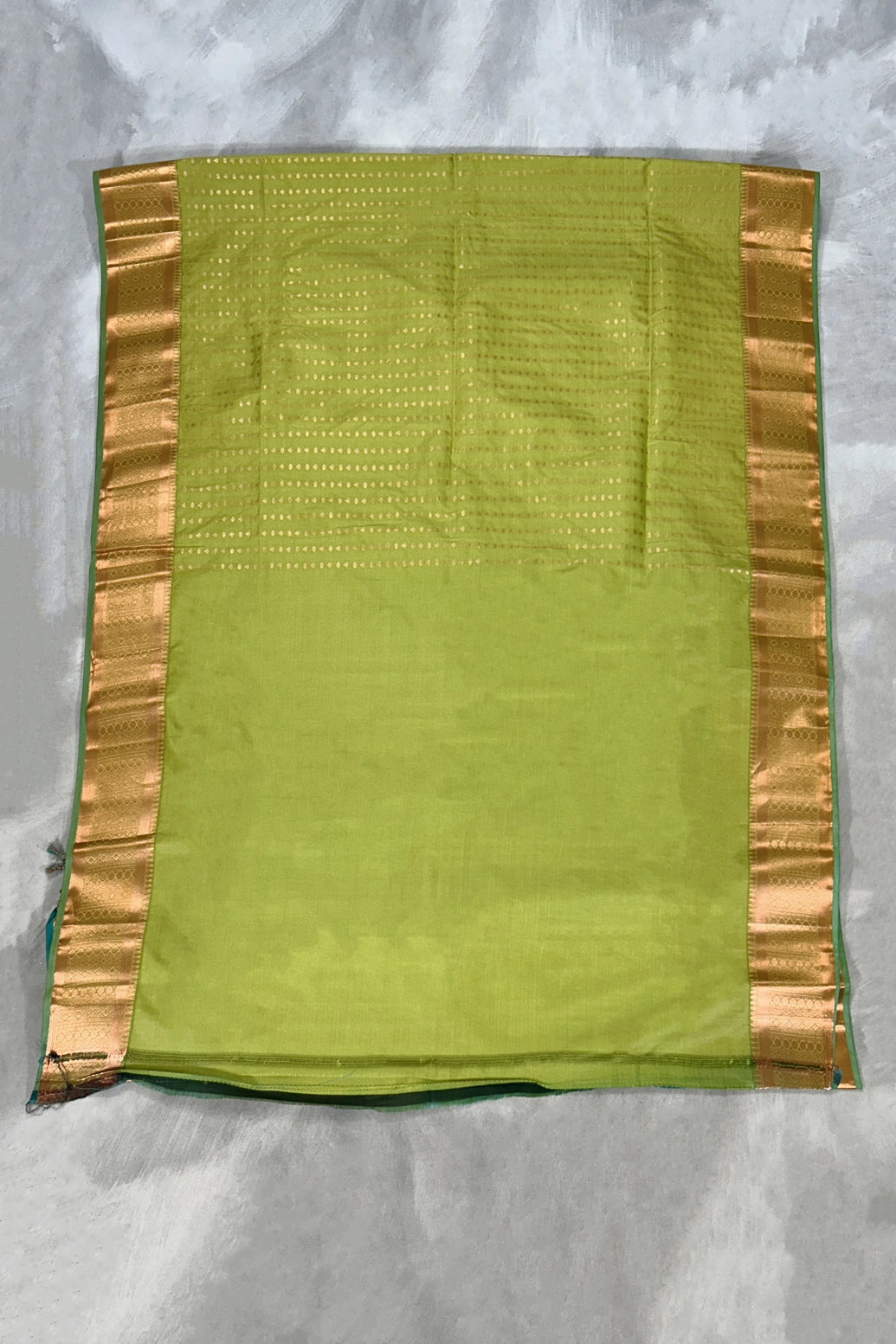 Parrot Green Korvai Soft Silk Saree with Gold Zari Buttas and Traditional Floral Border