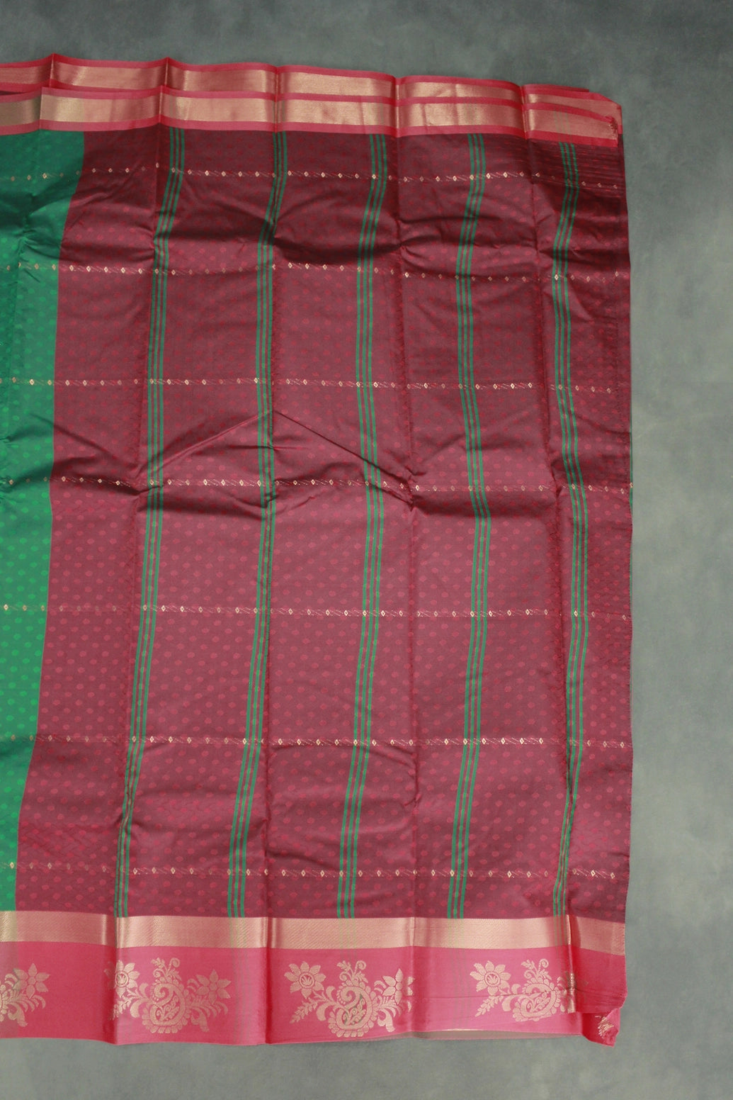 Green Emboss Silk Saree with Floral Design Satin Border and Matching Blouse