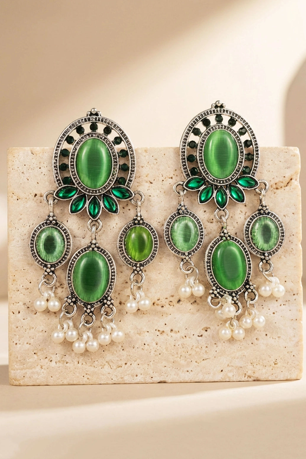 Green Oval Oxidized Silver-Tone Dangle Earrings with Pearl Drops for Traditional Festive Wear