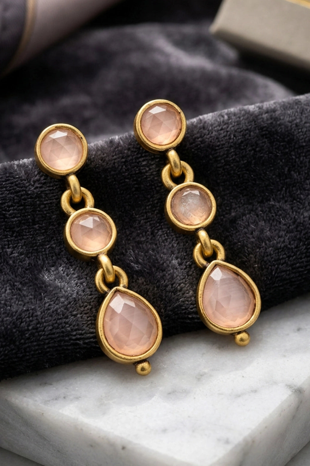 Light Pink Gold-Tone Teardrop Dangling Fashion Earrings with Three Oval Stones, Women Ethnic Party Wear