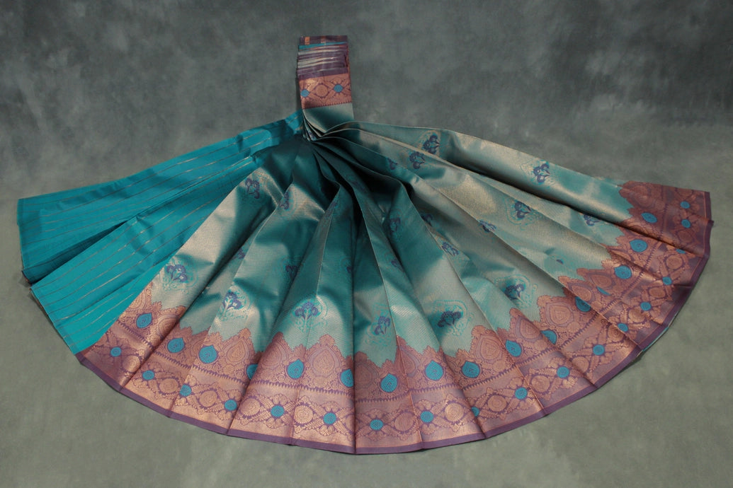 Dark Teal Kubera Pattu Silk Saree with Designer Border, Matching Blouse Piece