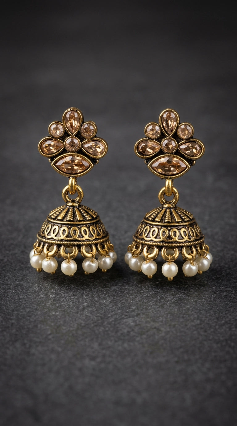 Antique Gold-Tone Floral Jhumka Earrings with Pearl Bead Danglers for Traditional Festive Wear