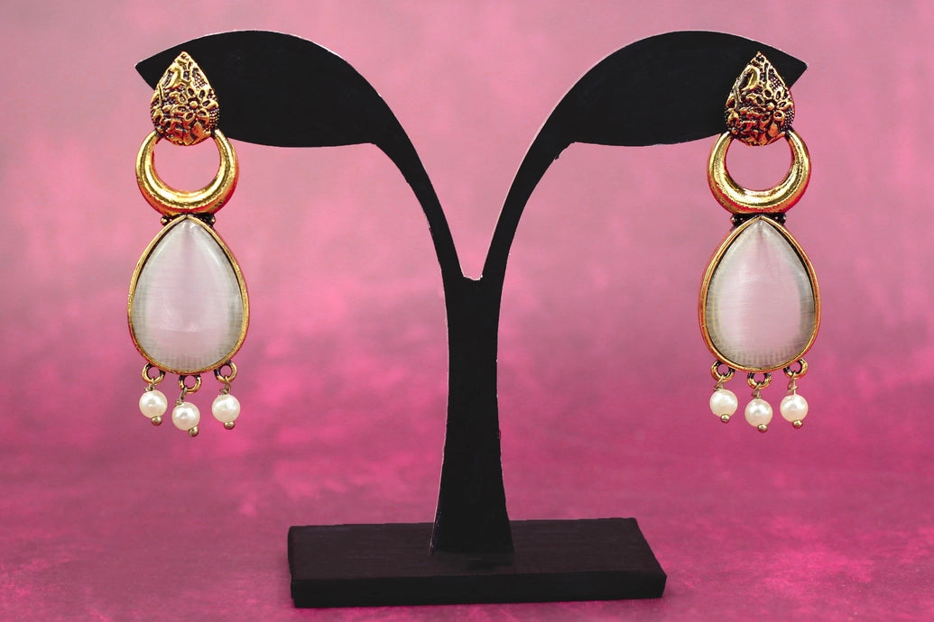 Traditional Gold-Tone Grey Teardrop Ethnic Dangle Earrings with Three Pearl Drops - Fashion Jewellery Jewelry JCS Fashions