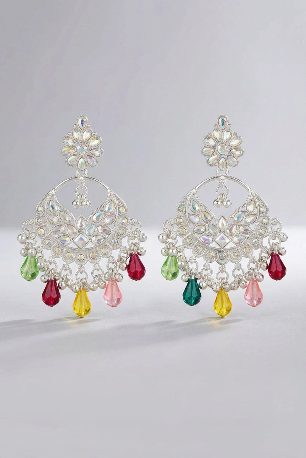 Multi Color Silver-Tone Floral Stud Moon Hoop Earrings with Bead Danglers for Women