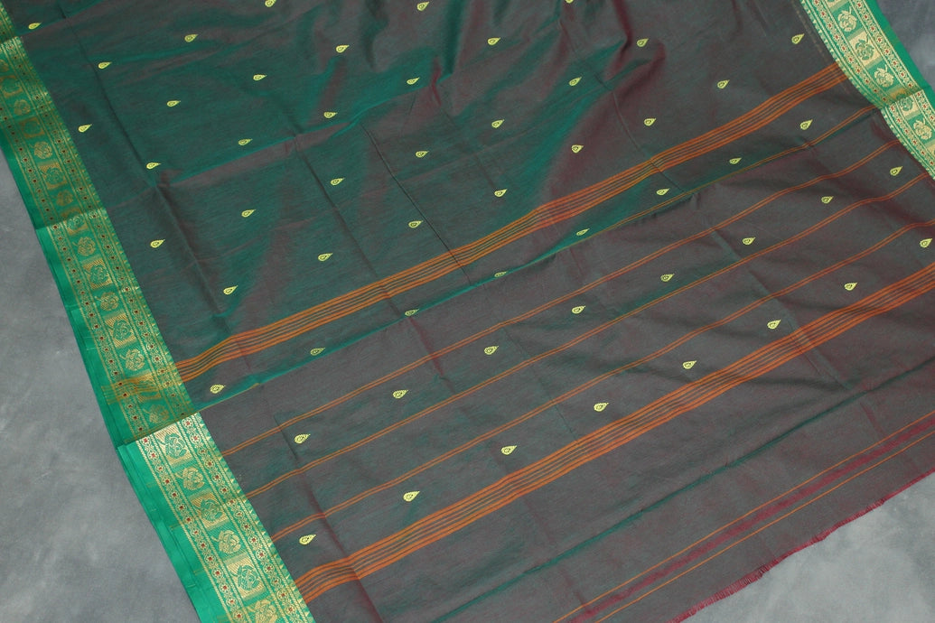 Green Poly Cotton Butta Saree with Contrast Woven Border Saree JCS Fashions