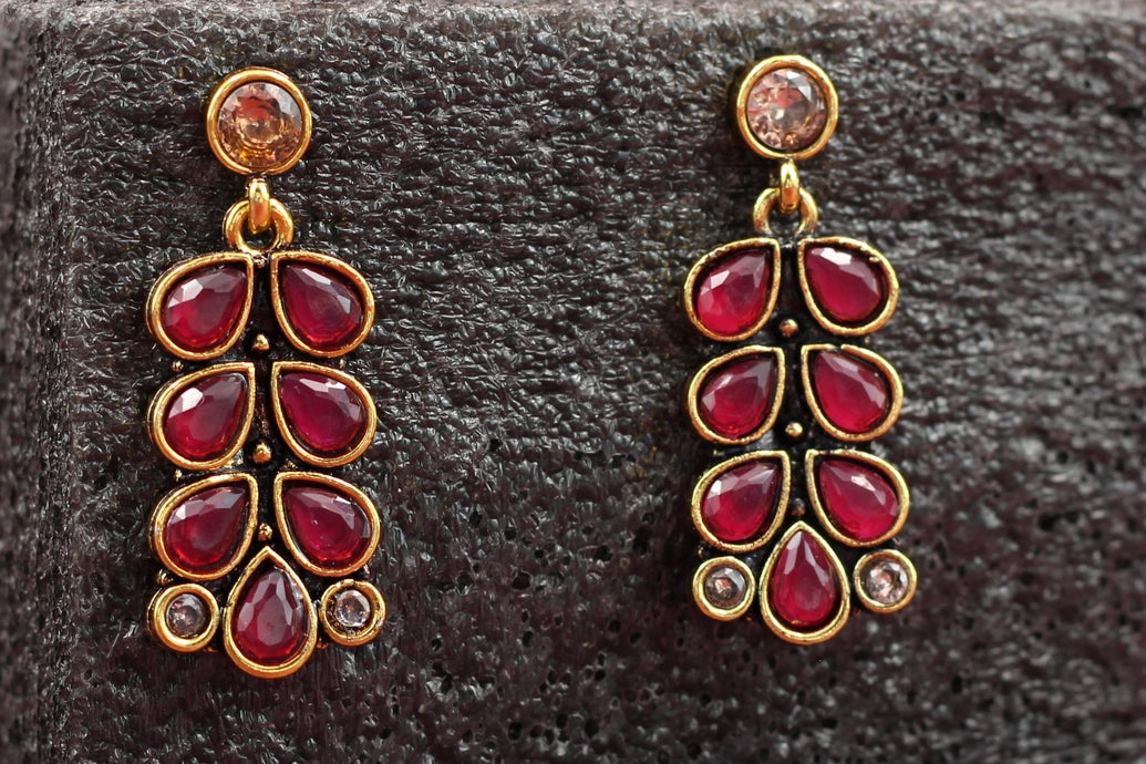 Maroon Teardrop Leaf Drop Earrings – Gold-Tone Antique Finish Fashion Jewellery for Ethnic Wear Jewelry JCS Fashions