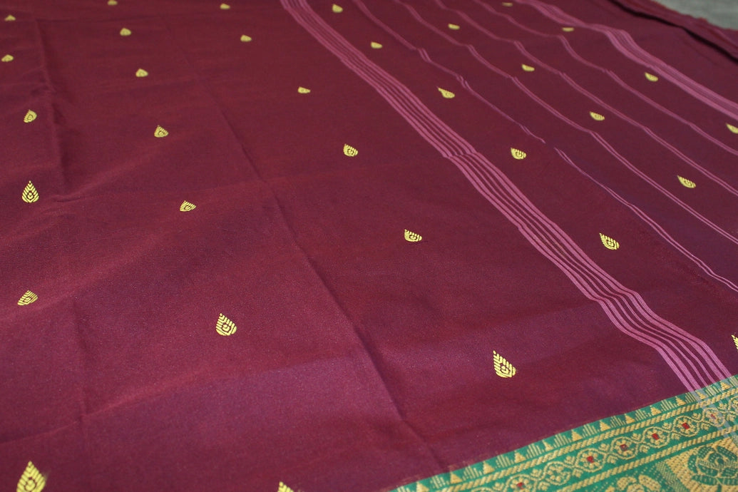 Dark Purple Poly Cotton Butta Saree with Green Thread Border Saree JCS Fashions