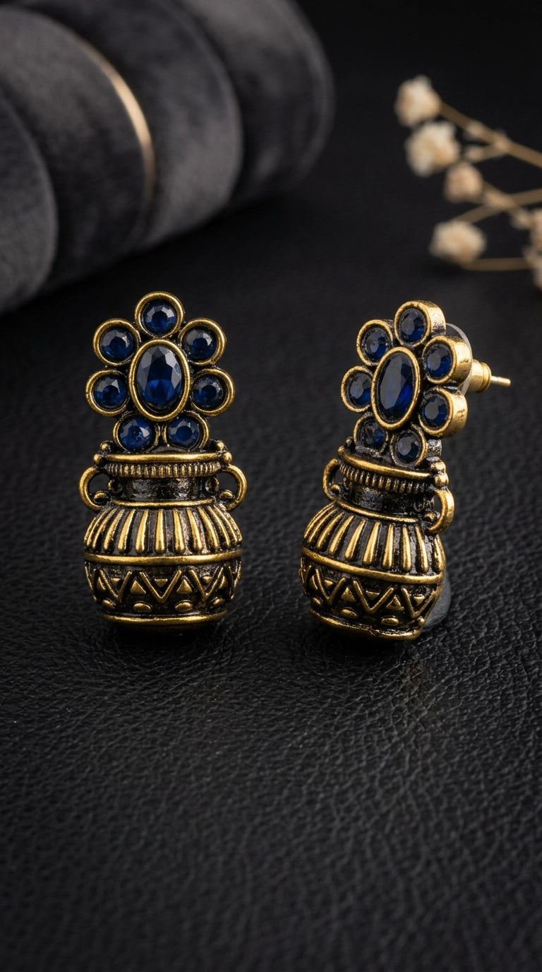 Navy Blue Antique Gold-Tone Floral Jhumka Earrings with Champagne Crystal Stones for Traditional Festive Wear
