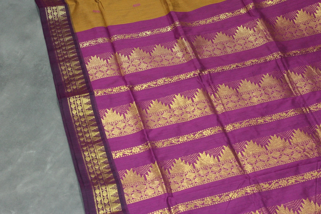 Silk Cotton Dark Mustard Saree with Purple Grand Pallu and Thick Zari Border Saree JCS Fashions