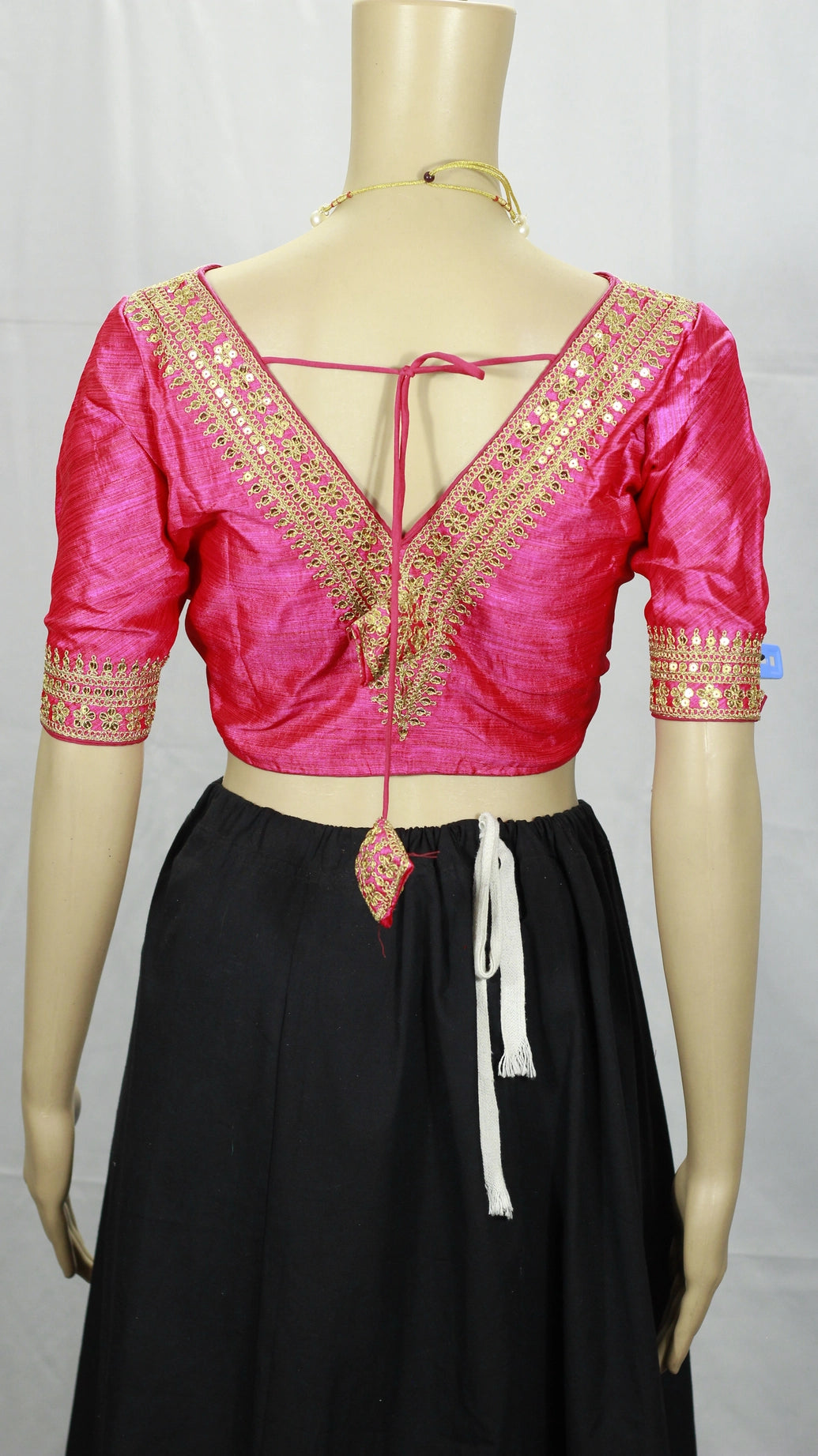 Pink Readymade Designer Padded Blouse with V-Neck Gold Zari & Sequin Work, Elbow Sleeves, Back Knot