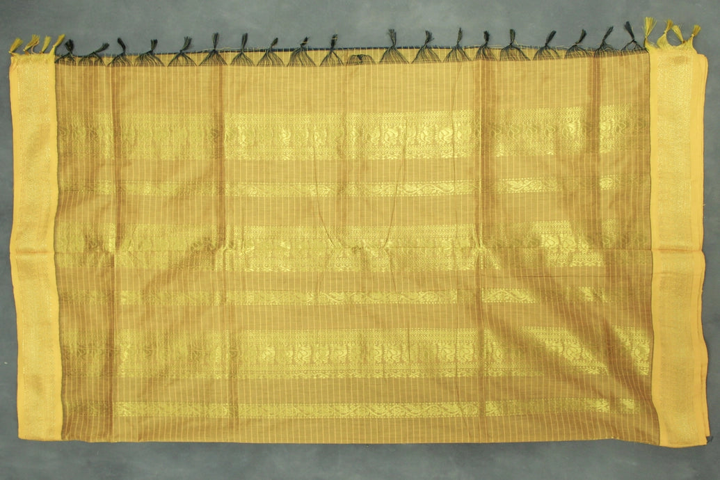Black Kalyani Cotton Saree with Zari Checked & Peacock Border and Blouse
