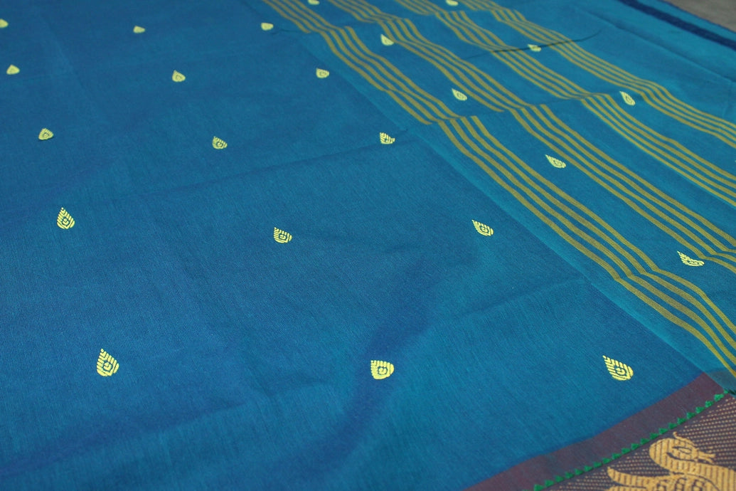 Rama Blue & Yellow Poly Cotton Butta Saree with Thread Border Saree JCS Fashions