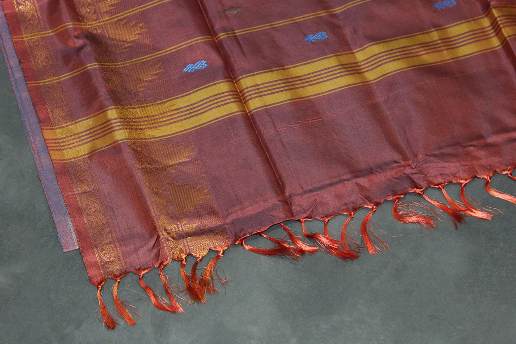 Blue & Brown Vaazhai Naar (Banana Pith) Saree with Zari Border and Small Butta