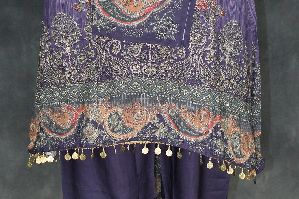 Violet Pakistani-Style 3-Piece Salwar Suit with Crepe Kurti, Cotton Dupatta & Coin Hangings
