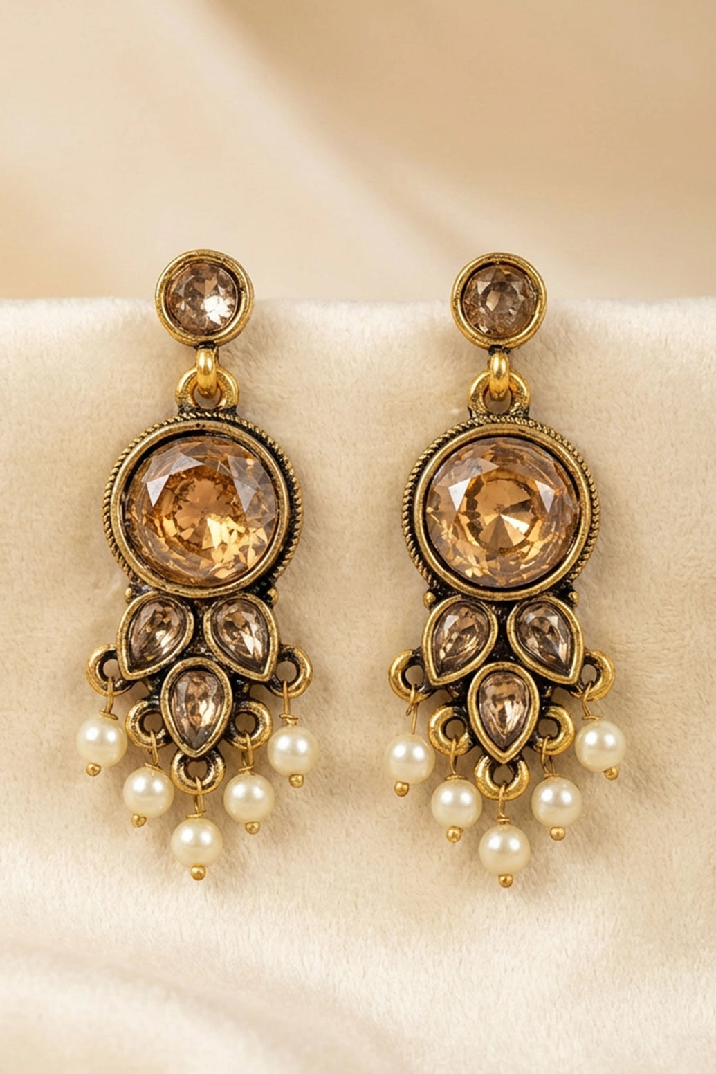 Gold-Tone Antique Finish Pearl Drop Earrings with Round Stone Dangler, Traditional Chandelier Style