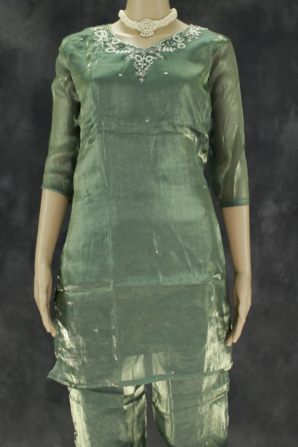 Green Rayon Silk Embroidered 2-Piece Kurti Set with V-Neck and Elastic Pant - Traditional Festive Wear