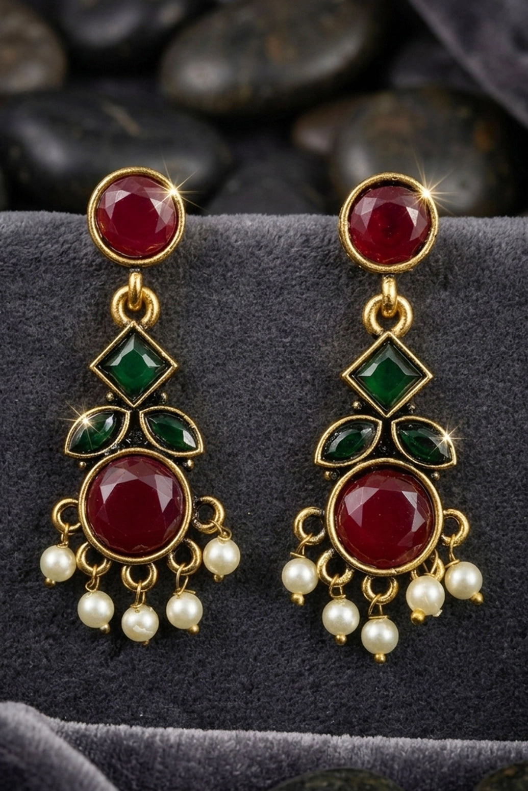 Green & Red Stone Pearl Drop Gold-Tone Statement Earrings for Women, Traditional Festive Wear