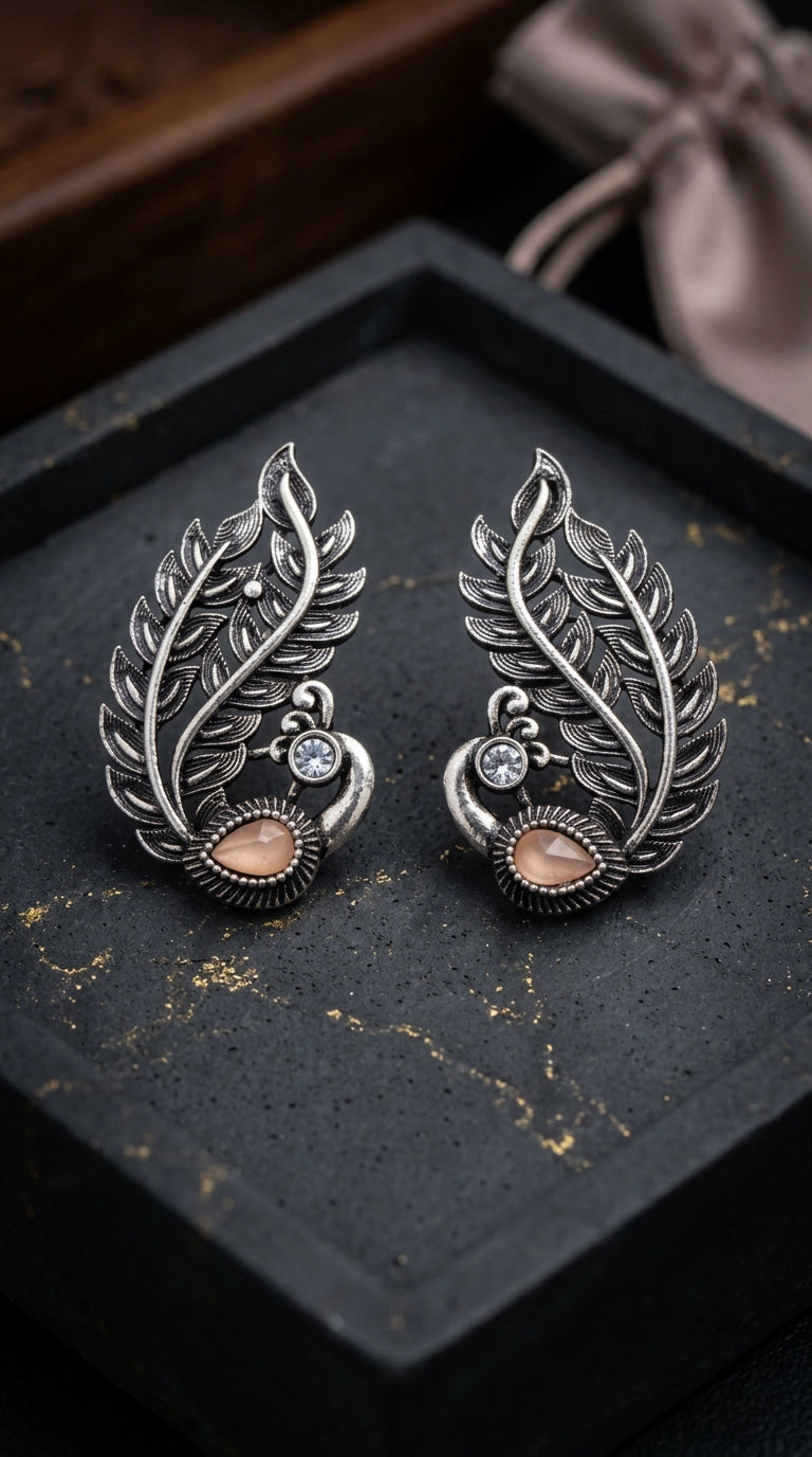 Oxidized Silver Leaf Teardrop Amber Stone Stud Earrings with Ear-Cuff Inspired Shape for Women