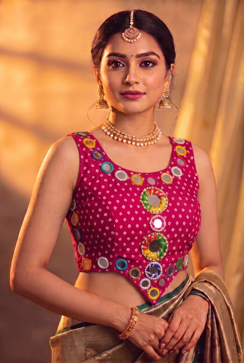 Bandhani Print Sleeveless Mirror-Work Blouse with Pearl Bead Mirror Clusters for Navratri, Festive Wear