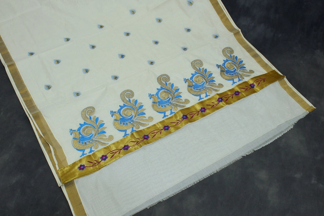 Pure Kerala Cotton White Saree with Gold Zari Border and Blue Peacock Embroidery - Blouse Included
