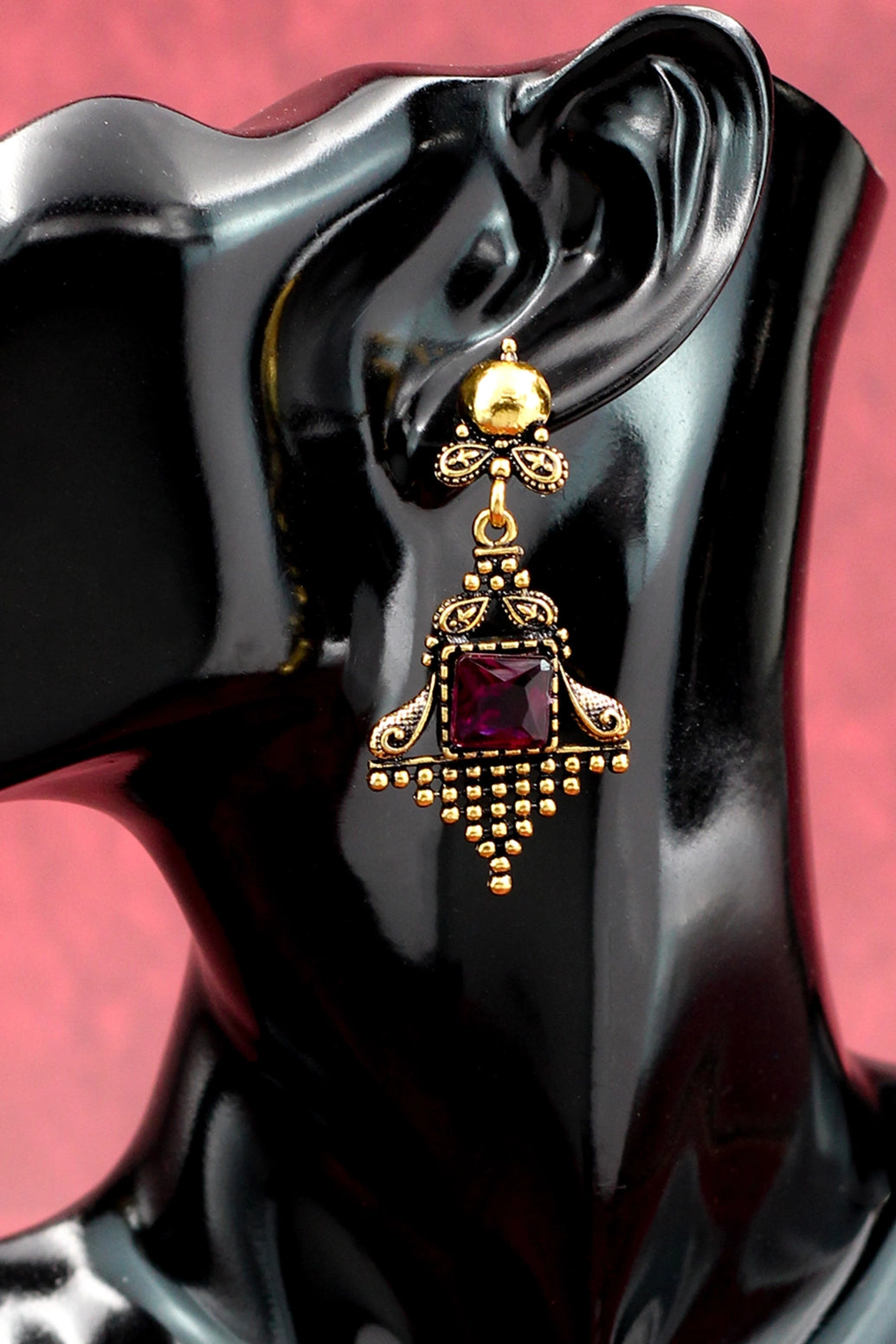 Antique-Gold Dangling Earrings with Square Purple Stone — Ornate Traditional Frame (2.4 inch) Jewelry JCS Fashions