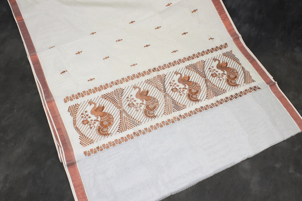 White Kerala Cotton Saree with Copper Zari Peacock Embroidery and Copper Border
