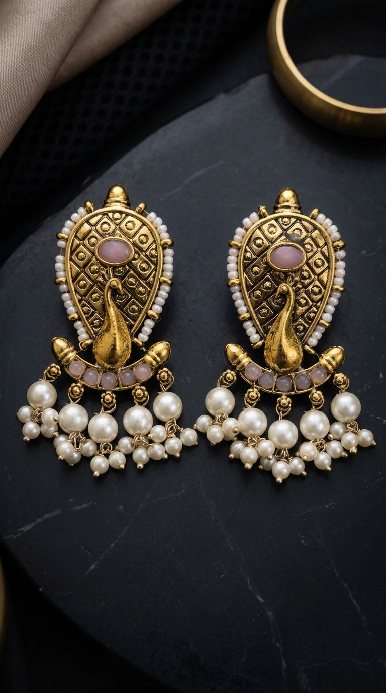 Antique Gold Tone Onion Pink Traditional Statement Earrings with Oval Stone, Bead Work and Pearl Tassel Hangings